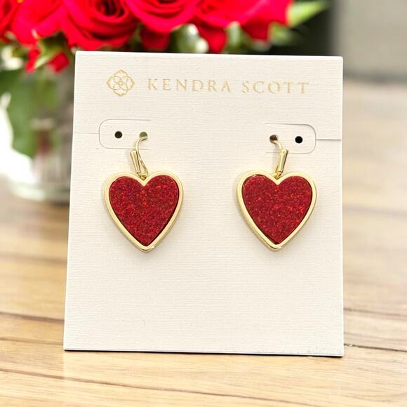 *SOLD* NWT! Kendra Scott Heart Gold Drop Earrings in Red Kyocera Opal - Picture 2 of 6